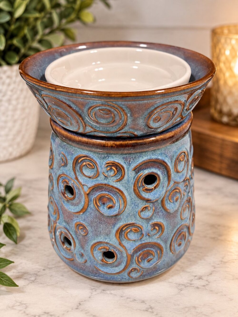SCENTSY Lisbon Angora Swirl Retired Full Size Wax Warmer Brown Blue DSW-LISB